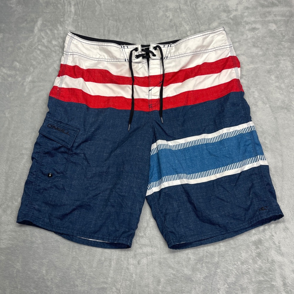 ONeill Board Shorts Mens 36 Red White Blue Striped Cargo Swim Trunks 3528 Y2K